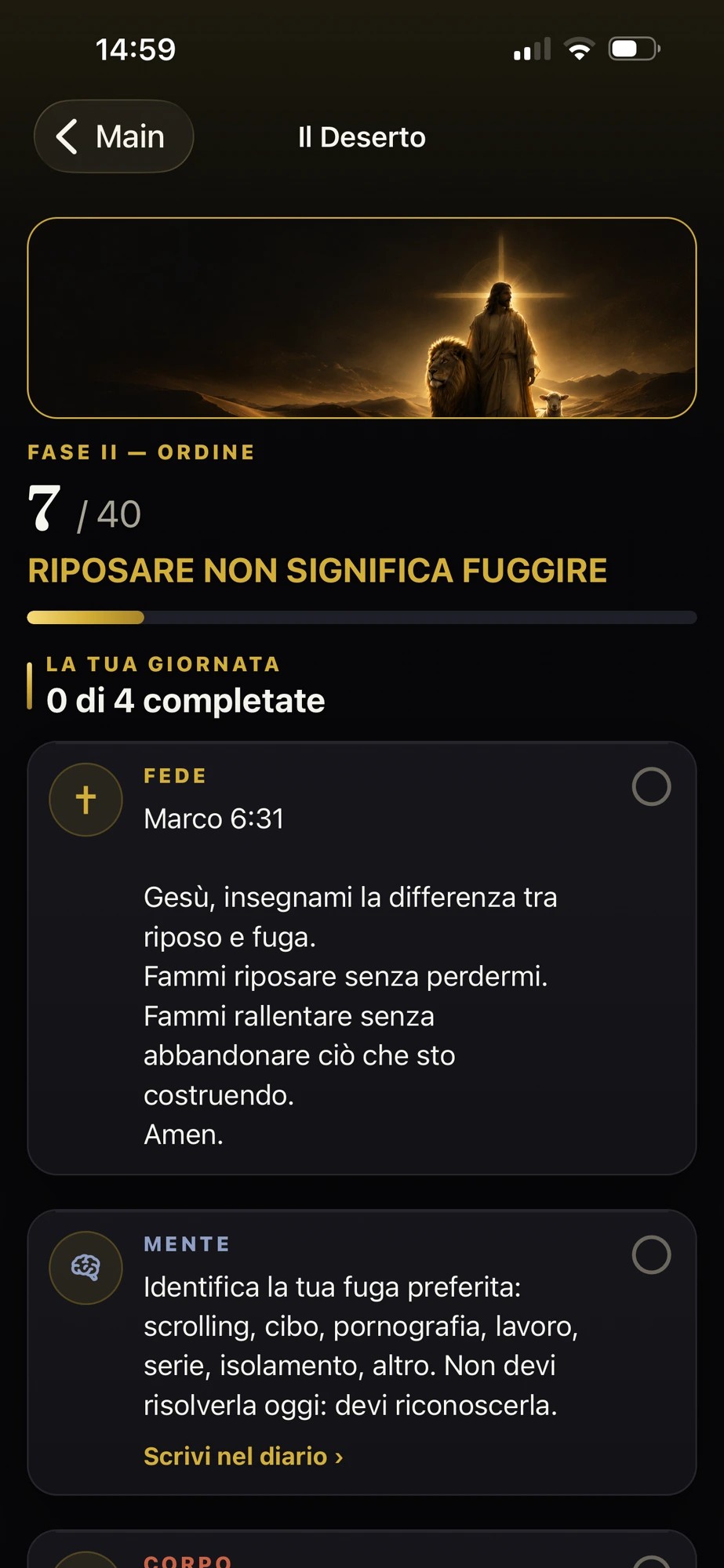 Schermata del giorno nella Sfida del Deserto — app Fede & Fitness Italia