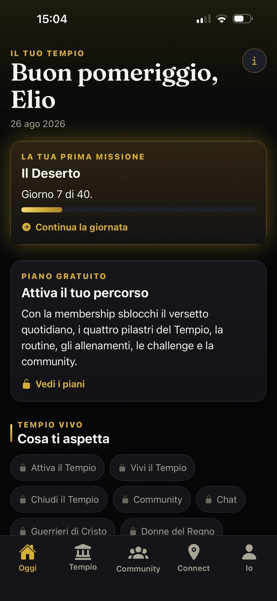 Schermata principale Il Tuo Tempio — app Fede & Fitness Italia